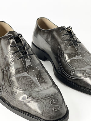 Oxford Men Shoe, Man Oxford Shoe, Plain Toe Oxford, Plain Toe Shoe, Custom Made Shoes In New York, NYC Boutique Shoe Store, NYC Custom-Made Shoe, NYC Shoes Store, Silver Shoe, Gray Oxford Shoe, Gray Shoe For Men, Men Leather Shoe, Man Leather Shoe, Leather Shoes NYC, Custom Made Shoe, New York City Custom Made Shoe, Free Shipping NYC, Jebranco New York, NYC, Tooled Print, Silver Oxfords, Gray Oxford, Grey Oxford, Compass Shoe, Compass Print Shoe